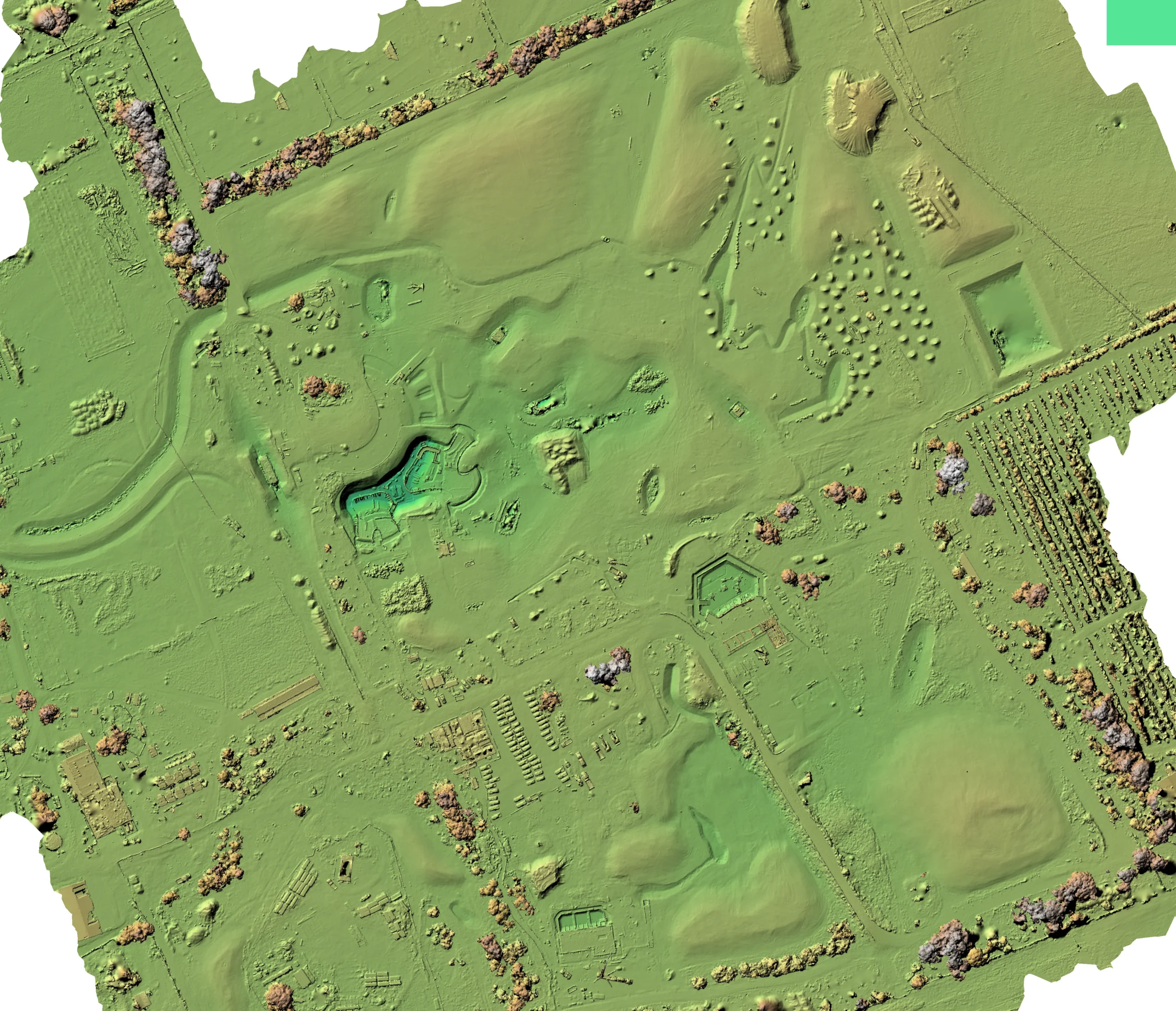 Colourised LiDAR terrain model showing elevation, drainage lines, and vegetation cover — Storm Spatial farm terrain mapping output at Werribee, Victoria.